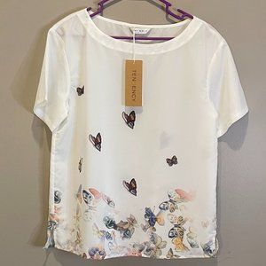 Tendency Womens Semi-Sheer sht Sleeve Butterfly Print Shirt sz S NWT